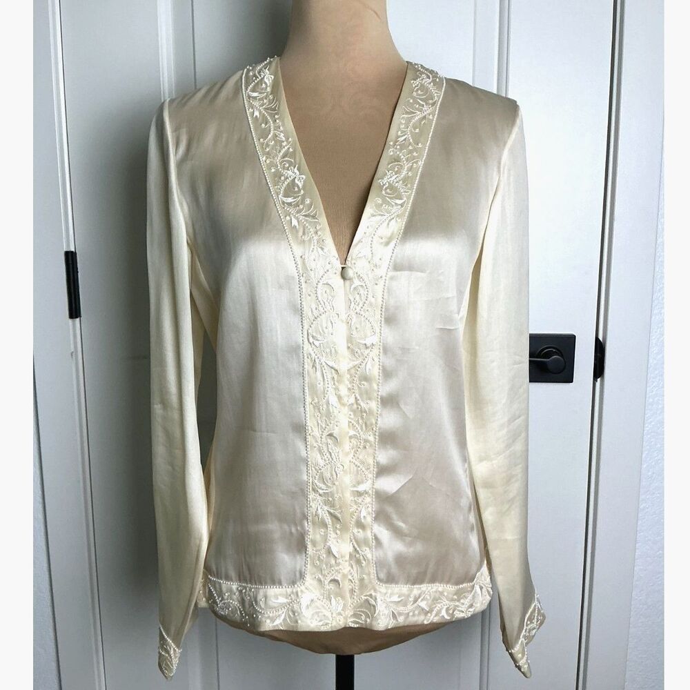 Ann Taylor 100% Silk Beaded Embroidered Blouse Ivory Size 6 Flawed